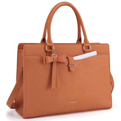 Missnine Laptop Tote Bag for Women 15.6 Inch Leather Work Bags Teacher Computer Purse Briefcase Handbag for Office, Travel - color: Bow Brown