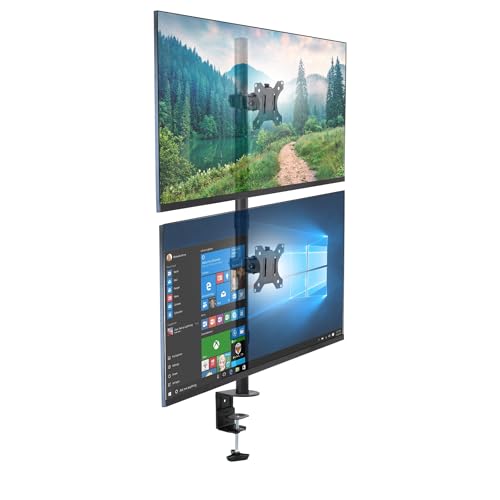 Mount-It! Vertical Dual Monitor Mount, Full Motion Dual Monitor Arm for 13–32" Screens, Heavy Duty Steel, VESA 75x75 100x100, C-Clamp or Grommet Base, Height Adjustable, Tilt Swivel Rotate, Black