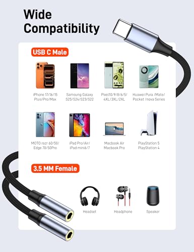 USB C to Dual 3.5mm Female Headphone Splitter, Type C to Dual 3.5mm Female Aux Y Jack Splitter Headphone Microphone Adapter for iPhone 17 16 15 Pro Max, Samsung Galaxy S25 S24, Pixel, Note
