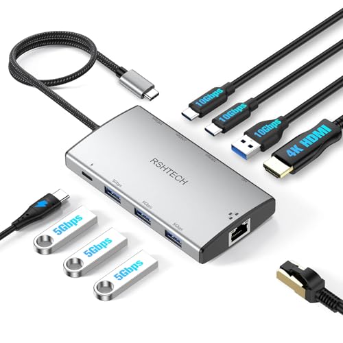 RSHTECH 9-in-1 USB C Hub Multiport Adapter 10Gbps with 4K HDMI, RSH-T09 | Aluminum USB 3.2 Hub Dongle with 10Gbps USB-3.2 Ports(2C + 1A), 3 USB-3.0 Data Ports, 100W PD, Gigabit Ethernet for Laptop