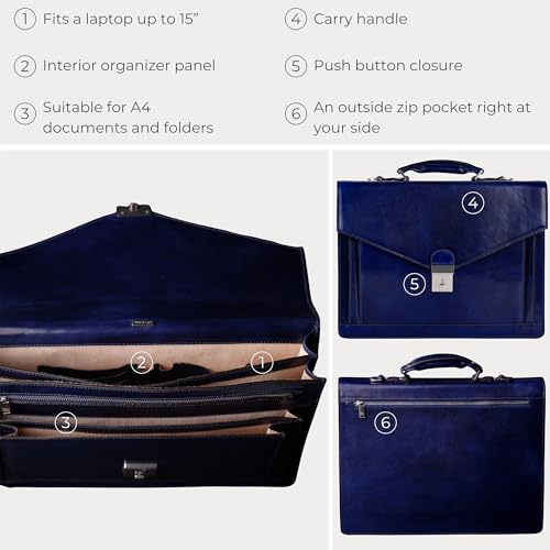 Time Resistance Leather Briefcase for Men - Business Laptop Bag - Italian Handmade Leather Bag - Attache - Gift Box Included - color: Blue