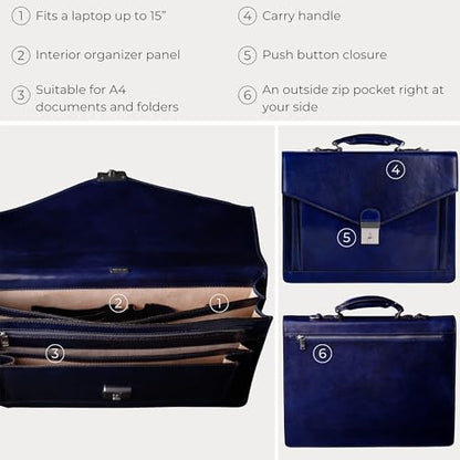 Time Resistance Leather Briefcase for Men - Business Laptop Bag - Italian Handmade Leather Bag - Attache - Gift Box Included - color: Blue