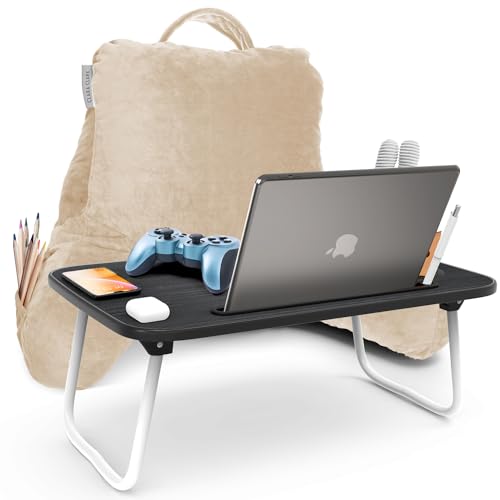 Clara Clark Reading Pillow with Portable Lap Desk Set for Kids, Back Pillow for Sitting Up in Bed, Memory Foam Back Support Pillow, Bed Rest Pillow with Foldable Laptop Desk, Small - Beige Cream - color: Beige Cream, size: Petite/Small