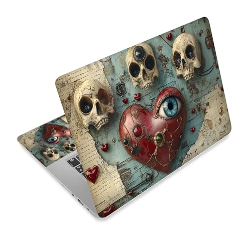 Universal Laptop Skin Sticker Decal,15.6 Inch Laptop Vinyl Cover for 13" 14" 15.6" Laptop,Scratch-Resistant Waterproof Protector Wrap,Reusable with Wrist Pads,Heart with Eye and Skulls - color: Heart with Eye and Skulls