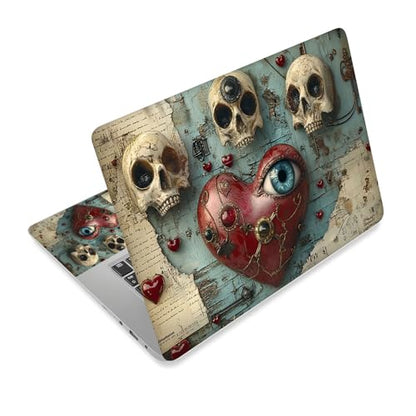 Universal Laptop Skin Sticker Decal,15.6 Inch Laptop Vinyl Cover for 13" 14" 15.6" Laptop,Scratch-Resistant Waterproof Protector Wrap,Reusable with Wrist Pads,Heart with Eye and Skulls - color: Heart with Eye and Skulls