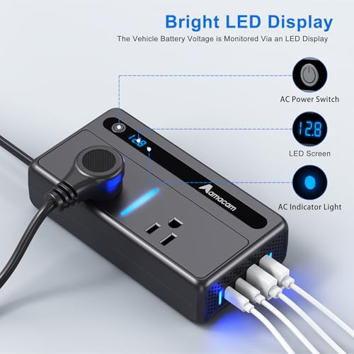 300W Continuous Inverter – 110V 12V/24V Input with 2 US Outlets 4 USB & Built-in 12V DC in Plug – 7-Port for Cars Vans RVs – Powers Laptops & Small Appliances