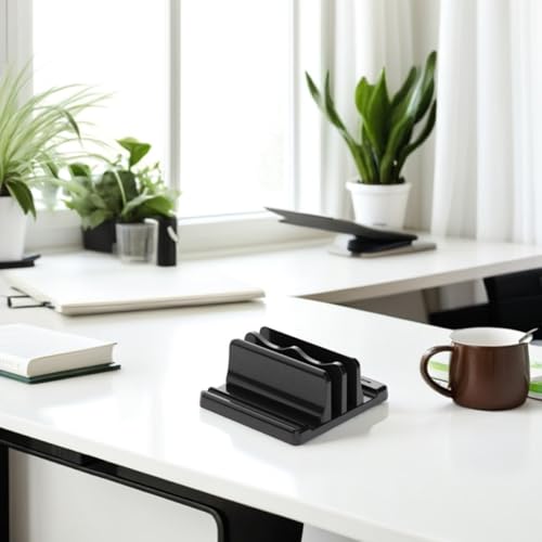 ABOOFAN Vertical Laptop Stand and Book Organizer for Desk, Dual Slot Black Desktop Holder, Space-Saving Document and Cookbook Rack for Office and Home Use