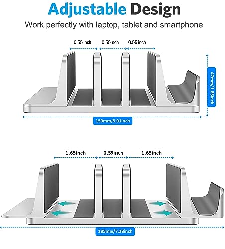Vertical Laptop Stand for Desk [Updated Version],3-Slot Space-Saving Aluminum Desktop Stand Holder with Adjustable Dock Size Compatible for All MacBook/HP/Dell/Surface/Samsung/Chrome Book(Silver)