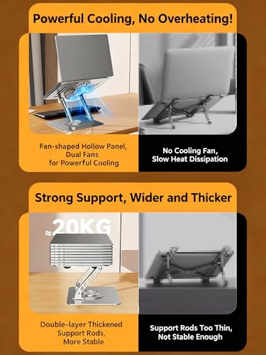 Laptop Stand for Desk with Quiet Cooling Fans - 360 Rotating Base Ergonomic Computer Stand, Aluminum Laptop Riser Foldable Protable for Office Home fits MacBook Air Pro, Dell, HP (10-17.3'') (silver) - color: silver