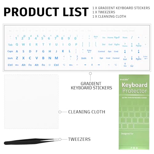 ProElife Gradient Keyboard Letter Stickers with Tweezer, Full-Key, Blue | English Transfer Printing Peel-Off Film, Leave English Letters on Keys, Keyboard Letters Replacement Stickers for Desktop - color: Blue