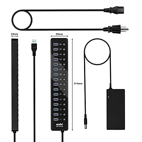 Power USB Hub 3.0, atolla 16 Port USB Splitter with 12V/6A Power Adapter and Individual Switches, High-Speed Data Transfer for Laptop, PC, Mac, and More Devices