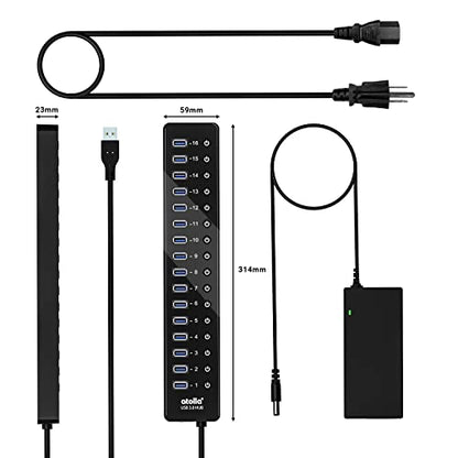 Power USB Hub 3.0, atolla 16 Port USB Splitter with 12V/6A Power Adapter and Individual Switches, High-Speed Data Transfer for Laptop, PC, Mac, and More Devices