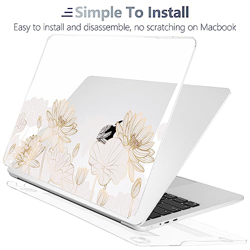 Batianda Case for MacBook Air 15" with M5 M4 M3 M2 Chip, Golden Lotus | 4-in-1 set with gold lotus line flowers design, lightweight slim hard shell protection for elegant, minimal and office user - color: Gold Lotus
