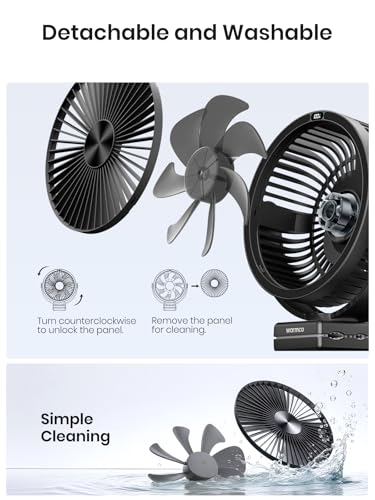 Warmco 10000mAh Rechargeable Clip on Fan, 8 Inch Desk Fan for Camping | 8-26H Runtime, USB-C Two-Way Charging, 360° Adjustable, 3-in-1 Clip Hook Desk Use, 4 Speeds, Washable Grille