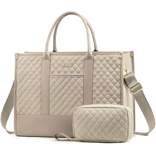 LOVEVOOK Laptop Bags for Women, 15.6 inch Waterproof Work Tote Bag with Clutch, Professional Teacher Computer Purse Lightweight Shoulder Bag Travel, Beige - color: Khaki, size: 15.6 inch