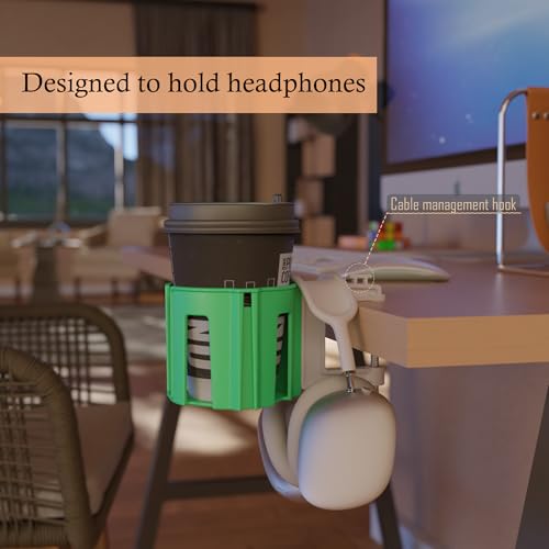 Original Large Desk Cup Holder Clamp Green | Anti-Spill Mount, Multi-Directional Drink Holder, Headphone Hanger, For Table, Desks, Office & Gaming Setup - color: Green