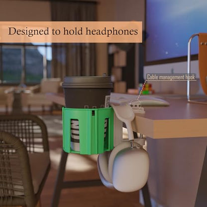Original Large Desk Cup Holder Clamp Green | Anti-Spill Mount, Multi-Directional Drink Holder, Headphone Hanger, For Table, Desks, Office & Gaming Setup - color: Green