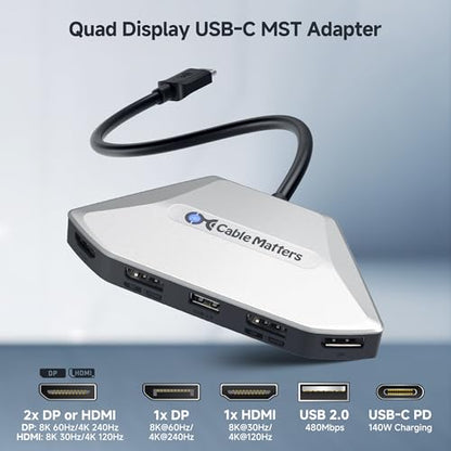 Cable Matters 4K Quad Display USB C MST Adapter, Dual Function HDMI/DP | Windows Only, 4x 4K@60Hz, 140W Charging, USB C Hub Dual DisplayPort 2.1 / HDMI 2.1 for 4 Monitors, Thunderbolt 5/4 Compatible