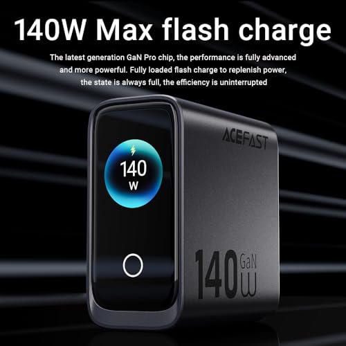 ACEFAST 140W GaN LED Display Screen Wall Charger for iPhone 17 16 Series/for Samsung,Triple USB C Fast Charging Travel Charger for MacBook/Laptop/Tablet,Fold Plug Compact for Home/Office/Travel