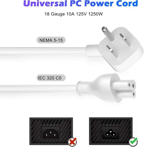 Adoreen 45 Degree Angled Flat Plug Mickey Mouse Replacement Laptop Power Cord 15 Ft, Seamless 5-15P to IEC 320 C5 3-Prong Universal AC Cable for PC Notebook Printer Dell HP TV, 18AWG, ETL+Ties-White - size: 15FT, style: Angled to Straight