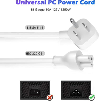 Adoreen 45 Degree Angled Flat Plug Mickey Mouse Replacement Laptop Power Cord 2 Ft, Seamless 5-15P to IEC 320 C5 3-Prong Universal AC Cable for PC Notebook Printer Dell HP TV, 18AWG, ETL+Ties-White - size: 2FT, style: Angled to Straight