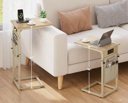 Vagusicc C Shaped End Table with Charging Station, Adjustable Height C Table End Table, Small Side Table for Couch, Couch Table Slide Under Sofa Table TV Tray Arm Table for Living Room,Bedroom,Natural - color: Natural Walnut, style: With Plug