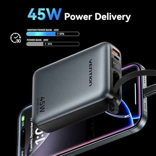VENTION 45W Power Bank, CCC Certified 20000mAh with Built-in USB-C Cable, Fast Charging Travel Portable Charger with LED Digital Display for iPhone 17/16/15 Xiaomi Galaxy S26/S25 iPad Laptop(Gray) - color: Gray