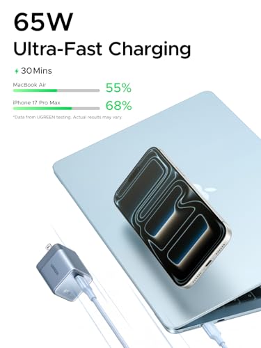 UGREEN Nexode Air 65W USB C Charger, Foldable Mini Charger Block Fast Charging with USB C Cable, GaN Charger for MacBook Air/Neo/Pro, iPhone 17 16, Galaxy S26/S25, iPad, Blue - color: Blue