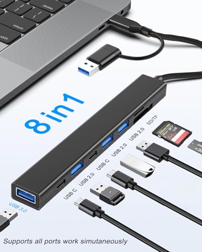 USB C Hub USB Hub 3.0 with SD Card Reader(8-in-1), USB Extender with Memory SD/Micro SD Card Reader, for Laptop, PC, MacBook, iPad Pro, iMac-Aluminum