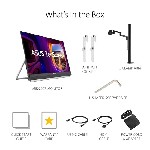 ASUS ZenScreen 22” (21.5 viewable) 1080P Portable Monitor (MB229CF) – Full HD, IPS, 100Hz, USB-C PD 60W, Speakers, Carrying Handle, Kickstand, C-clamp Arm, Partition Hook, Subwoofer, 3 yr Warranty - style: 22" Multi-stand Design