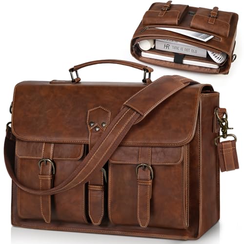 RAINSMORE Messenger Bag for Men, Vintage Large Laptop Briefcase PU Leather | 18 Inch Laptop Bag Waterproof Computer Satchel for Office Work Travel College, Brown - color: Brown, size: 18 inch
