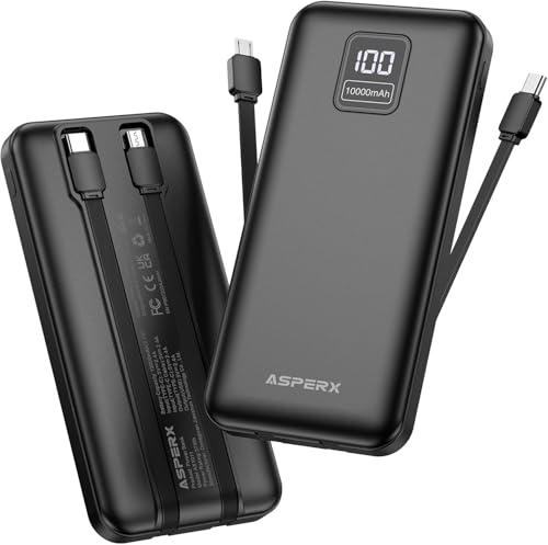 AsperX 2-Pack 10000mAh Portable Charger with Built-in Cables, USB C Travel Essential Battery Pack with 4 Outputs 2 Inputs,LED Display Power Bank with Cord Wires for iPhone Samsung Google Pixel iPad - color: Black+Black