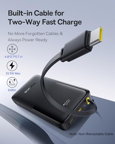 Baseus Portable Charger, 10000mAh Fast Charging Power Bank, 22.5W PD3.0 QC3.0 Battery Pack Built-in USB C Braided Cable, Travel Essentials for iPhone 17 16 15, iPad, S25/S24, Indoor/Outdoor, Travel