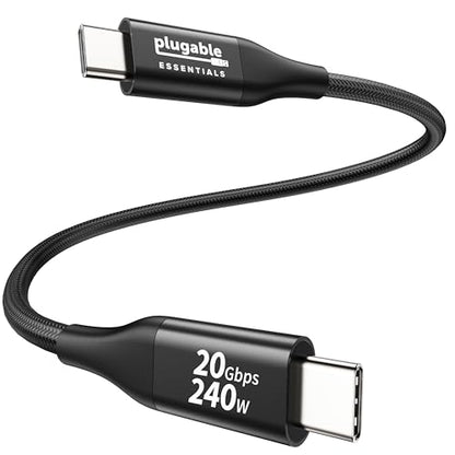 Plugable Short Braided USB C Monitor Cable 1FT, 4K@144Hz/8K Video Output | USBC 3.2 Gen 2X2 Display Cable, 20Gbps Data Transfer, 240W PD Charging, Fit for Portable Monitor, SSD, MacBook, iPhone 17 - size: 1FT