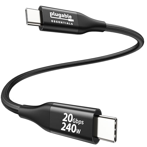 Plugable Short Braided USB C Monitor Cable 1FT, 4K@144Hz/8K Video Output | USBC 3.2 Gen 2X2 Display Cable, 20Gbps Data Transfer, 240W PD Charging, Fit for Portable Monitor, SSD, MacBook, iPhone 17 - size: 1FT