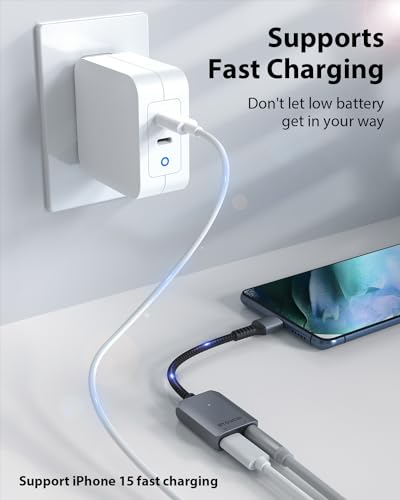 Stouchi 2-in-1 USB C to 3.5mm Headphone Charge Adapter AUX Mic Jack | PD Fast Charging High Resolution DAC for Earphones iPhone 17 16 15, Galaxy S25 /24/S24+/S23/S22/S21, iPad Pro, Pixel 9/8/7 - color: Grey