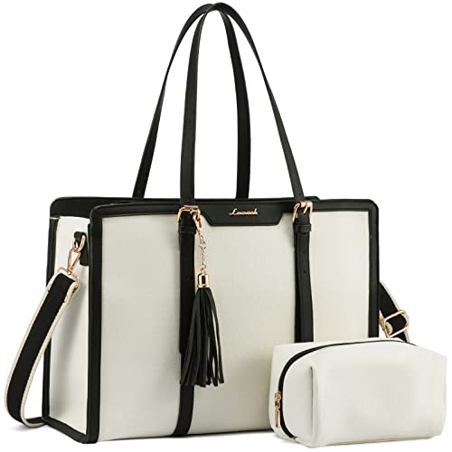 LOVEVOOK Laptop Tote Bag for Women,Canvas Work Bag, Waterproof Business Teacher Bag,Large Computer Handbag Purse Briefcase,Office Gifts for Women - color: Beige & Black, size: 15.6 Inch