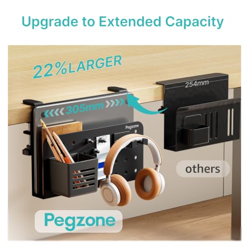 PEGZONE Desk Side Storage Organizer, No Drill Under Desk Laptop Holder, Clamp on Desks Shelf with Pegboard Accessories, Hanging Laptop Mount, Fits Flat Edge 0.4" to 2.2", Black | No Drill Under Desk Laptop Holder, Clamp on Desks Shelf with Pegboard Access