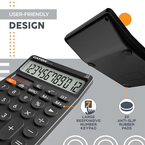 CATIGA 12 Digit Desktop Calculator with Large LCD Display, 4 Funtions Calculator, Round Design Big Button, Solar and Battery Dual Power, Standard Function for Office, Home, School, SD-1292 - color: 2.1) Black