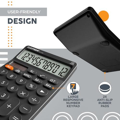 CATIGA 12 Digit Desktop Calculator with Large LCD Display, 4 Funtions Calculator, Round Design Big Button, Solar and Battery Dual Power, Standard Function for Office, Home, School, SD-1292 - color: 2.1) Black