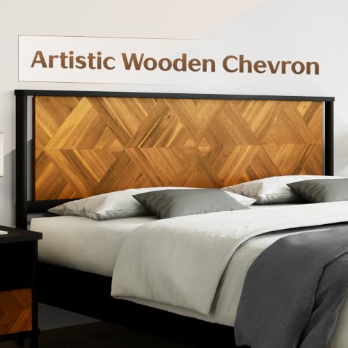 Howizz Lenia Solid Wood King Bed Frame with Headboard, Mid Century Modern Rustic Farmhouse Style, Chevron Diamond Pattern, Solid Acacia Wood Platform Bed, King Size, Golden Brown Black, Noise Free - color: Teak Brown, size: King Bed Frame