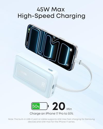 Anker Zolo Power Bank, 20,000mAh 45W Portable Charger with Built-in USB-C - color: Blue, size: Built-in C cable*1