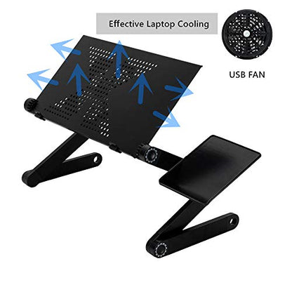 Ergonomics Folding Laptop Table, 360-Degree Adjustable Laptop Stand with Cooling Fan & Mouse Pad, Portable Aluminum Bed Tray Computer Desk Workstation for Sofa, Couch, Home, Office (Black)