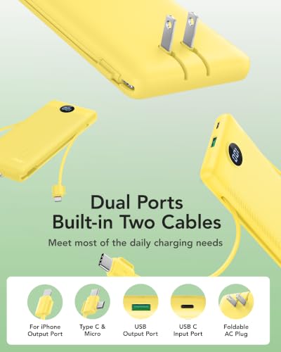 VRURC 10000mAh Power Bank, 22.5W USB C Portable Charger, Yellow | Built-in AC wall plug and cables, LED display, airline approved, slim 8 oz design - color: Yellow