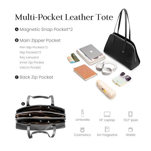 befen Genuine Leather Tote Bag for Women Work Travel Leather Purse Handbags | Real Leather, Padded 14" Laptop Compartment, Multi-Pockets, Zipper, Tote Bag for Daily - color: Z3-black