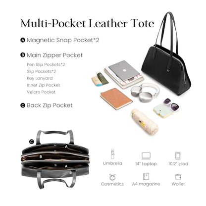 befen Genuine Leather Tote Bag for Women Work Travel Leather Purse Handbags | Real Leather, Padded 14" Laptop Compartment, Multi-Pockets, Zipper, Tote Bag for Daily - color: Z3-black