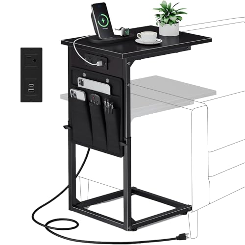 Vagusicc C Shaped End Table with Charging Station, Adjustable Height Side Table for Sofa, Couch Side Table for Small Spaces, Slide Under Sofa TV Tray Snack Arm Tables for Living Room, Bedroom, Black - color: Black, style: With Plug