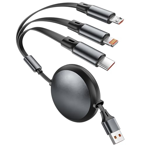 Retractable Multi Charging Cable, 3 in 1 Multiple Charger Cord, Retractable Car Charger Cable with Type C/L/Micro USB Ports for iPhone 17 16 15 14 Pro/ Galaxy S25/Pad, Car Accessories for Men 4ft - color: Black