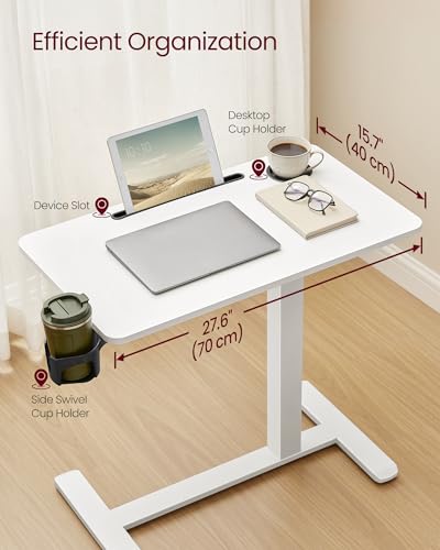 VASAGLE Overbed Table with Wheels, Mobile Standing Computer Desk, 27.6 x 15.7 Inches Tabletop, Adjustable Height, 2 Cup Holders, Phone and Tablet Slot, Cloud White ULSD600W01 - size: 27.6"W x 15.7"D