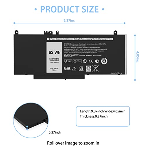 E5470 E5570 6MT4T Battery Compatible with Dell Latitude 14 E5470 15 E5570 Precision 15 3510 M3510 Series Notebook Replacement for V69Y TXF9M 79VRK 07V69Y 0HK6DV 079VRK 0TXF9M [7.6V/62Wh] - size: 9.27*4.05*0.27inch 6MT4T